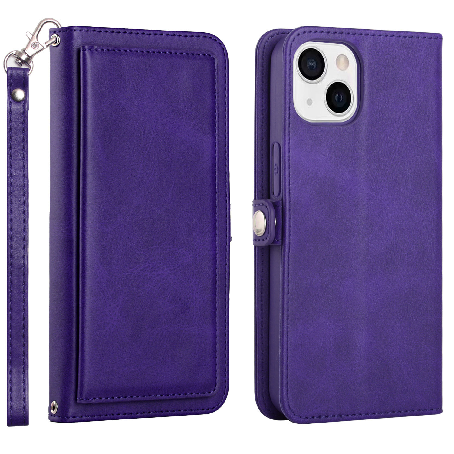 Premium PU LEATHER Wallet Case with Card Slots for iPhone 14 [6.1] (Purple)